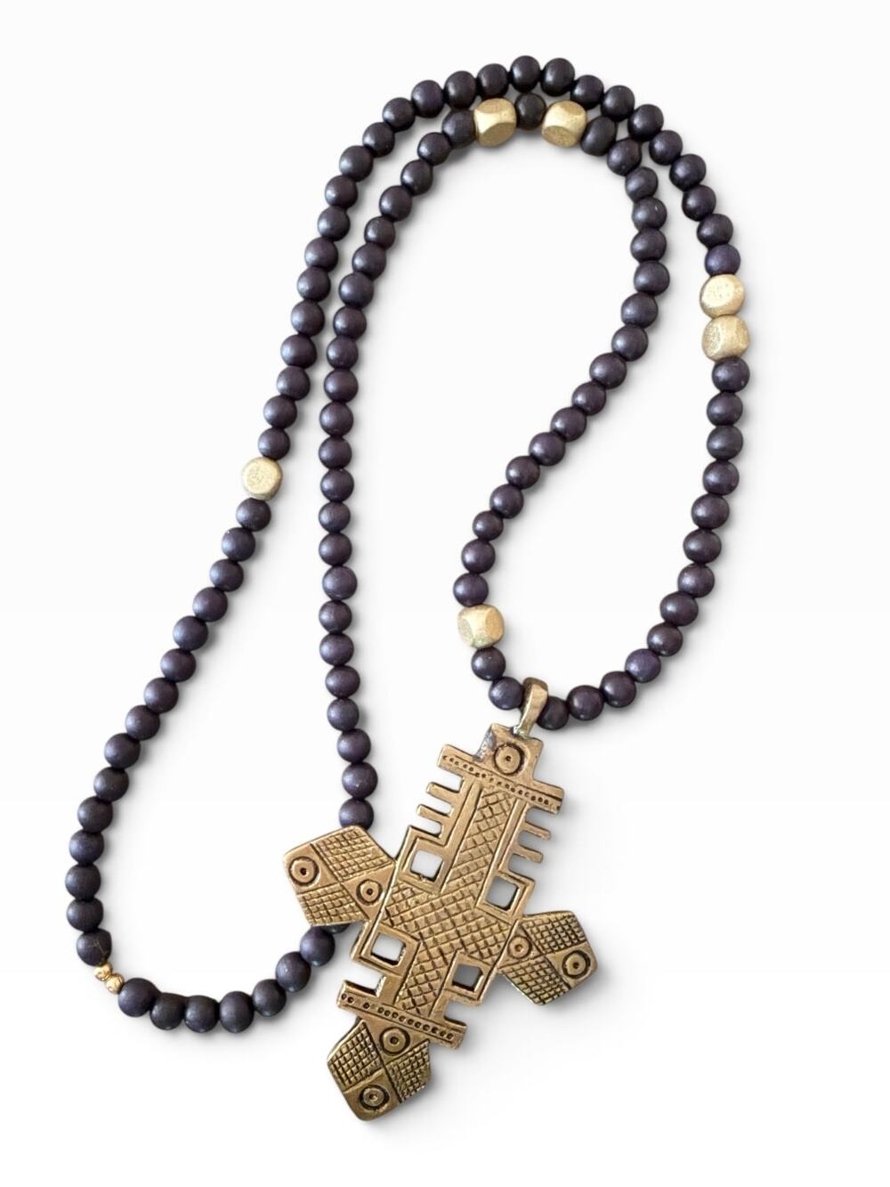 Akola Project Ethiopian Coptic Cross Necklace Wood Bead Hand Cast Brass
